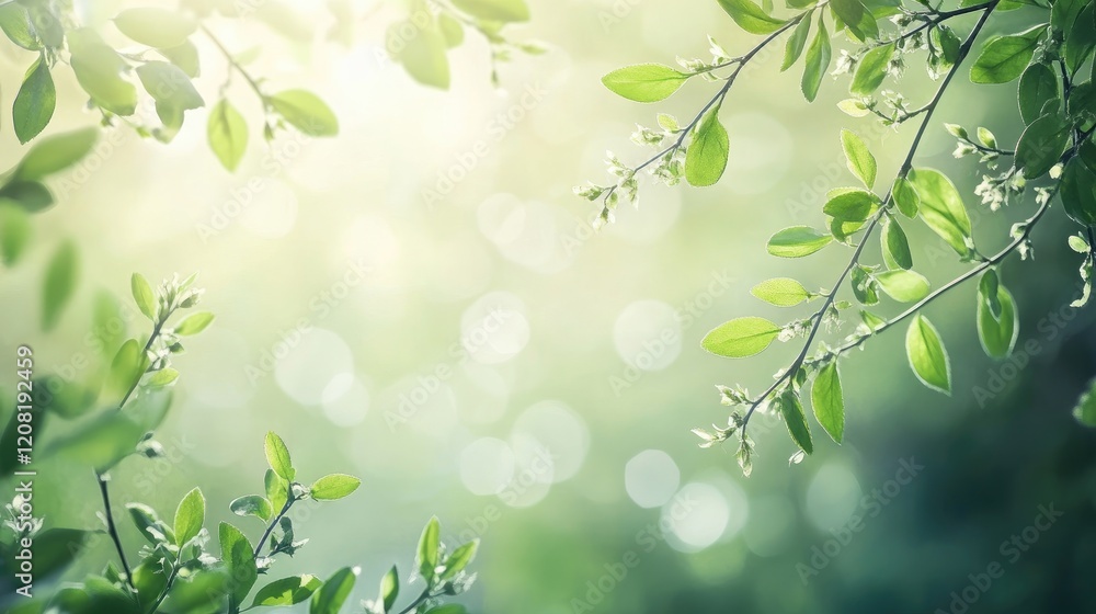 Fresh green leaves emerging from buds on a bush illuminated by warm sunlight in a serene natural setting. Fresh green leaves emerging from buds on a bush illuminated by warm sunlight in a serene natural setting.
