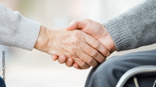 Two people shaking hands, one of them is elderly