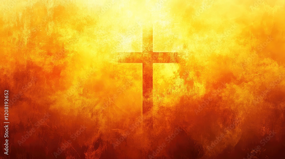 Fototapeta premium Vibrant Warm Orange and Yellow Religious Background with Cross Symbol and Soft Cloud Textures for Spiritual and Inspirational Concepts