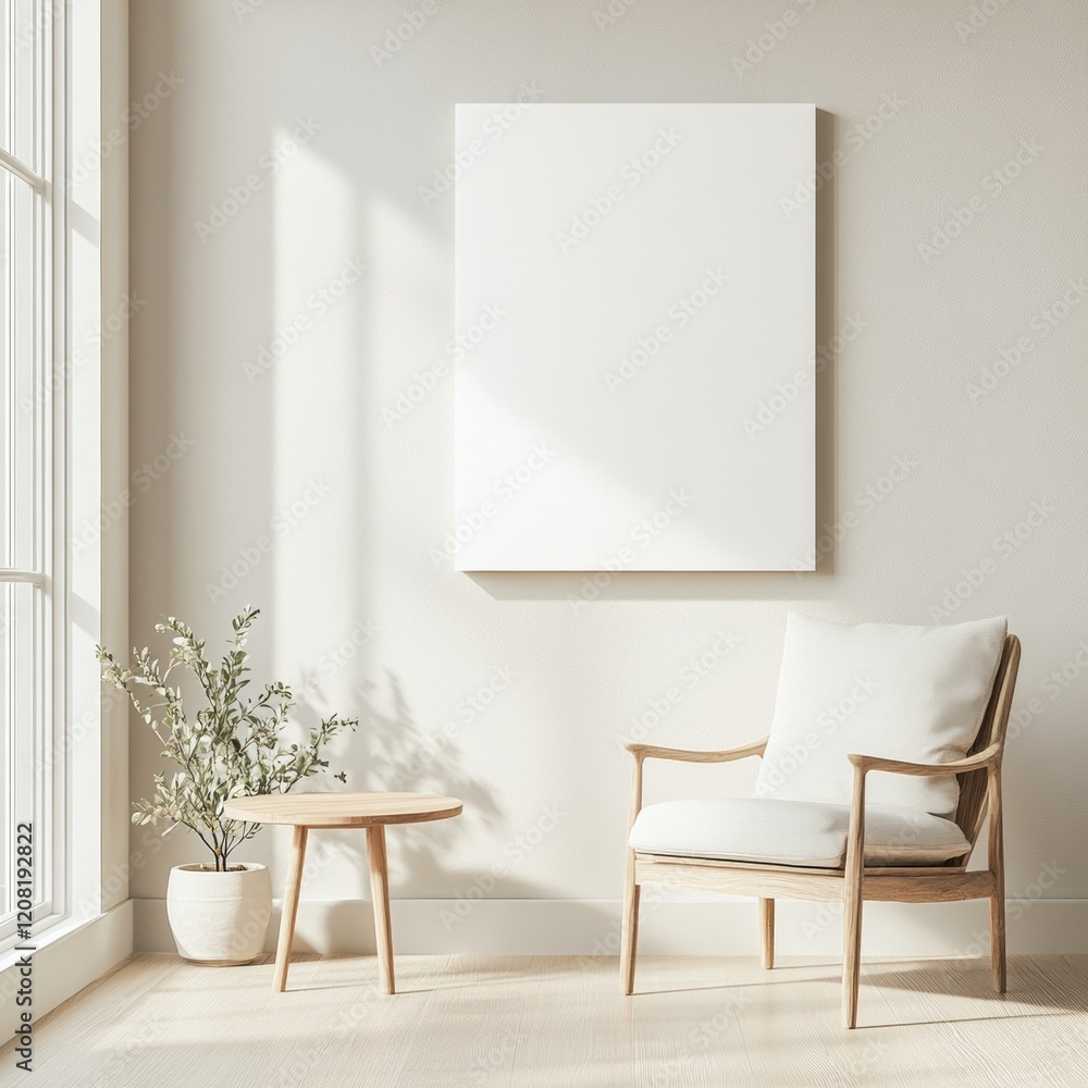 Minimalist living room with wooden chair, small table, and canvas art on sunlit wall Minimalist living room with wooden chair, small table, and canvas art on sunlit wall