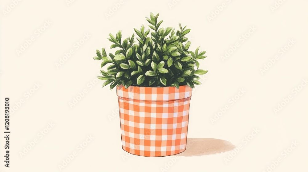 Orange Gingham Check Patterned Pot with Lush Green Plant Against Light Beige Background Home Decor Accent Item Orange Gingham Check Patterned Pot with Lush Green Plant Against Light Beige Background Home Decor Accent Item