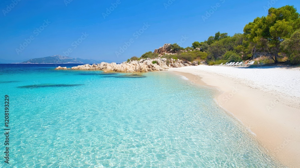 Fototapeta premium Serene Turquoise Sea with Sandy Beach and Clear Blue Sky Ideal for Summer Vacation and Holiday Promotions Blank Space for Text