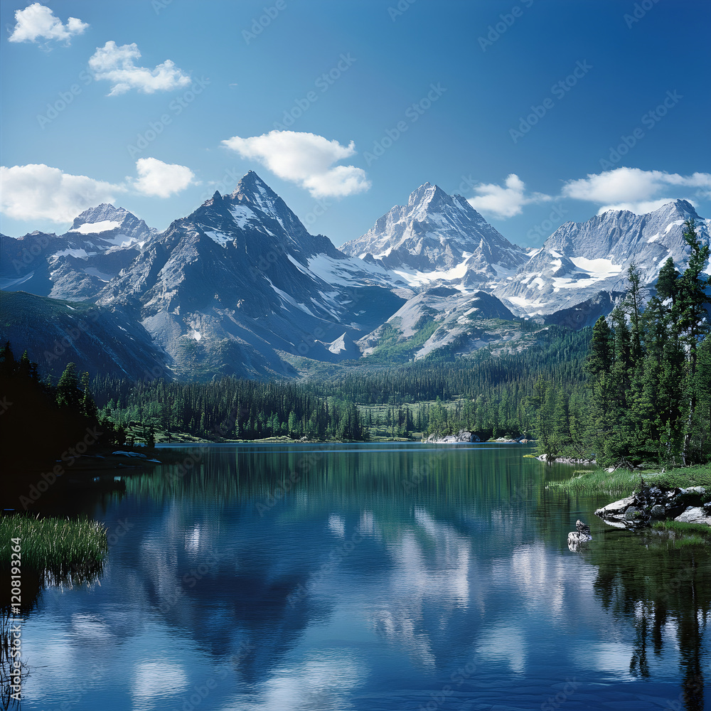 Majestic Mountain Range: Snow-Capped Peaks, Verdant Forests, and Serene Lake Reflections Under a Clear Blue Sky Majestic Mountain Range: Snow-Capped Peaks, Verdant Forests, and Serene Lake Reflections Under a Clear Blue Sky