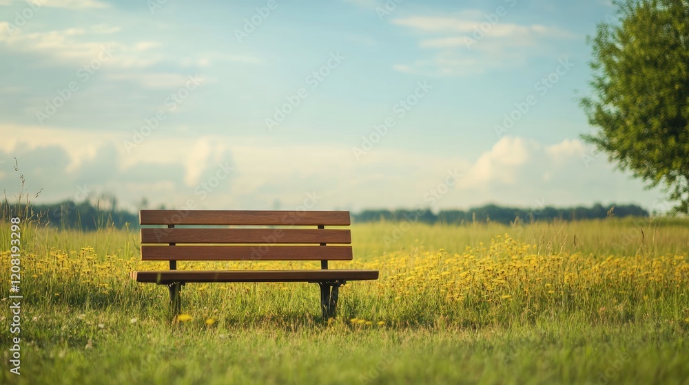 Serene New Wooden Park Bench Surrounded by Blooming Meadow Under a Clear Sky Serene New Wooden Park Bench Surrounded by Blooming Meadow Under a Clear Sky