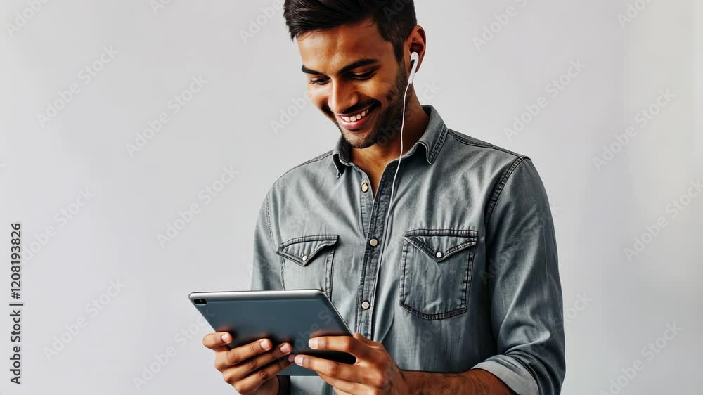The Man with Tablet Earphones
