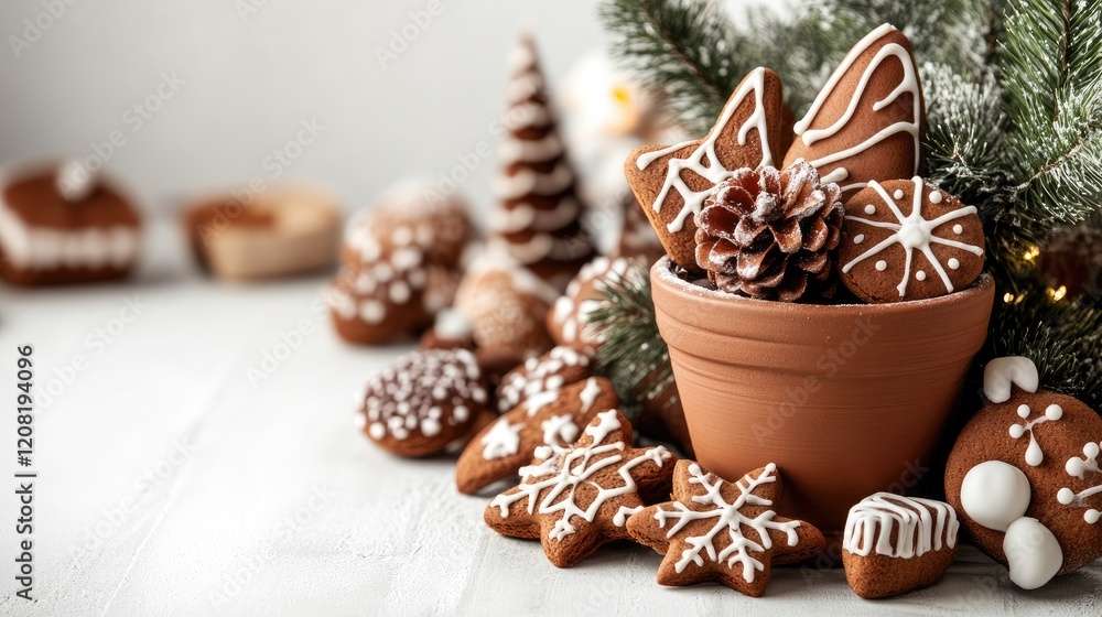 Gingerbread cookies and sweets in clay pot with pine cones on rustic white background festive holiday bakery decoration concept Gingerbread cookies and sweets in clay pot with pine cones on rustic white background festive holiday bakery decoration concept