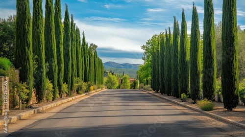 Narrow road flanked by tall green cypress trees and vibrant greenery under blue sky captured from low angle in a scenic rural setting.