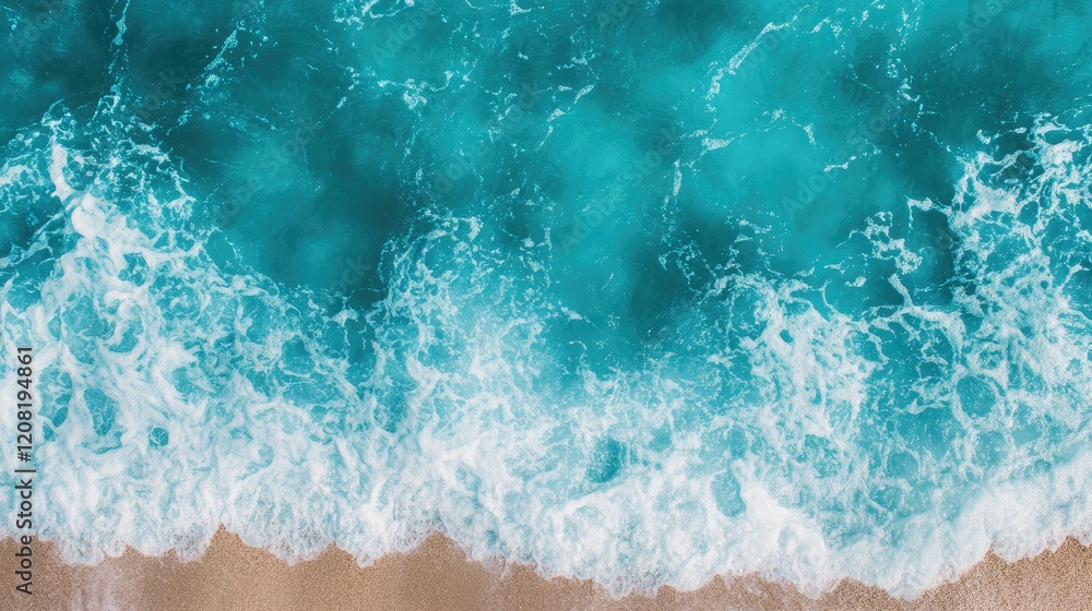 Naklejka premium Tropical Beach Aerial View with Turquoise Water and Sandy Shore Blank Space for Vacation Text and Summer Holiday Promotions