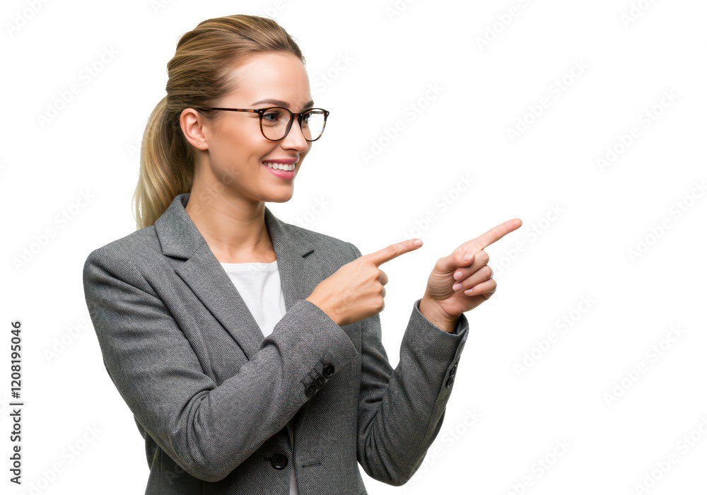 A professional woman with blonde hair glasses and a gray blazer pointing to the side with her index finger while smiling warmly isolated on transparent background A professional woman with blonde hair glasses and a gray blazer pointing to the side with her index finger while smiling warmly isolated on transparent background