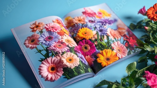 Brochure Mockup Displaying Vibrant Flower Arrangements on Blue Background photo