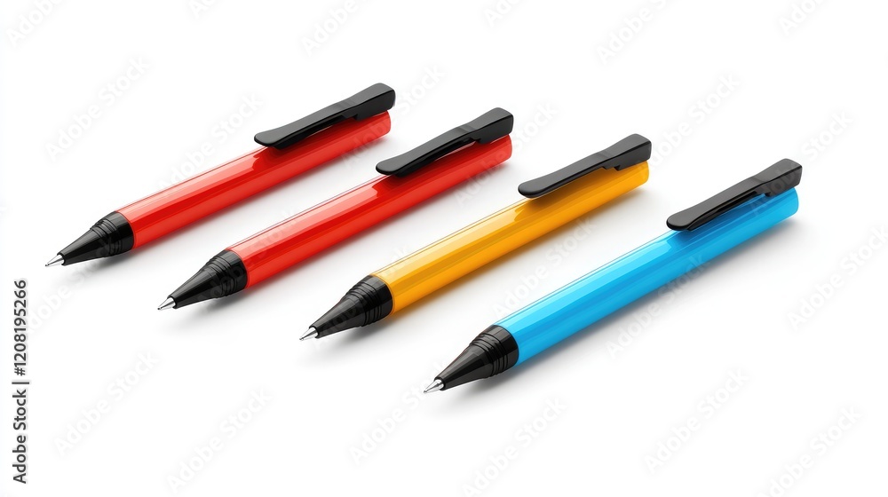 Colorful retractable pens arranged in a row on white background showcasing modern school stationery essentials for creative writing and art. Colorful retractable pens arranged in a row on white background showcasing modern school stationery essentials for creative writing and art.