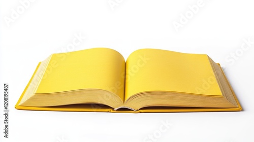 Open yellow pages book on white background showcasing blank pages for text or design, ideal for creative concepts and educational themes