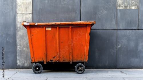 Vibrant orange dumpster with black wheels positioned against a textured gray wall, highlighted by natural lighting and urban environment.