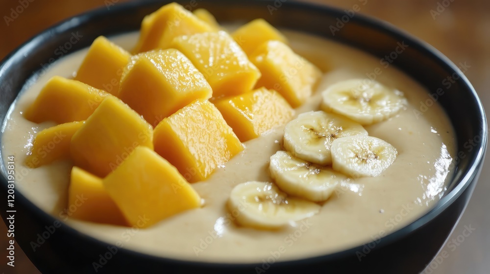 Creamy Vegan Smoothie Bowl with Mango Cubes and Banana Slices in a Black Bowl against a Warm Wooden Background Natural Breakfast Colors Creamy Vegan Smoothie Bowl with Mango Cubes and Banana Slices in a Black Bowl against a Warm Wooden Background Natural Breakfast Colors