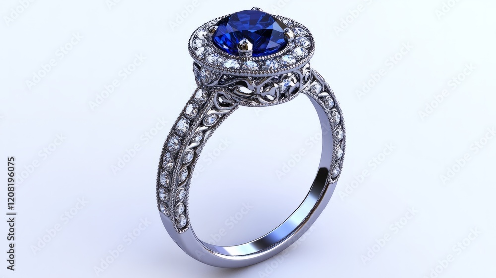 Elegant ring design with a 2 carat blue sapphire center stone, surrounded by small round diamonds, platinum band. generative ai Elegant ring design with a 2 carat blue sapphire center stone, surrounded by small round diamonds, platinum band. generative ai