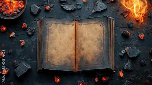 Ancient spell book surrounded by glowing coals on a dark table creating a mystical atmosphere for witchcraft and sorcery themes photo