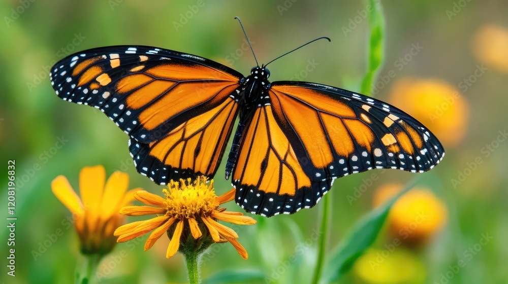 Monarch butterfly perched on vibrant yellow flower in a lush green field illuminated by warm sunset hues. Monarch butterfly perched on vibrant yellow flower in a lush green field illuminated by warm sunset hues.