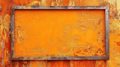 Orange Textured Cement Background with Gray Square Frame on Distressed Orange Wall Full of Patina and Grunge Effects. photo