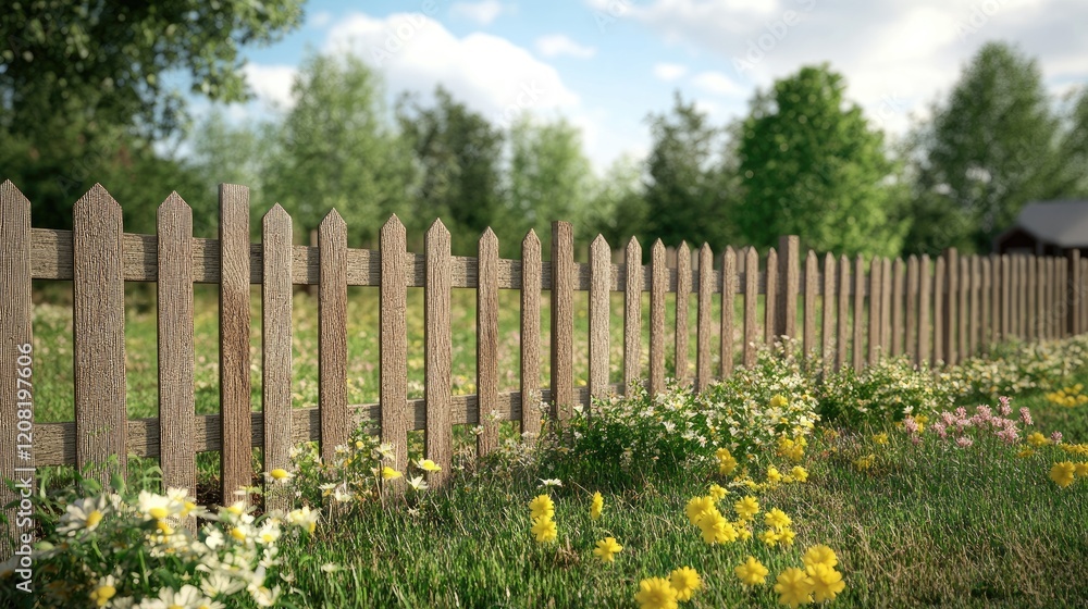 Fototapeta premium New wooden garden fence with wildflowers and lush greenery under a bright sky creating a serene outdoor atmosphere