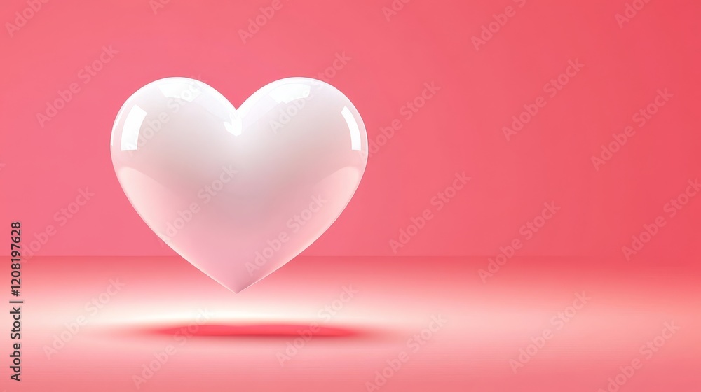 A glossy white heart floats above a soft pink background, symbolizing love and affection in a simple yet elegant design. A glossy white heart floats above a soft pink background, symbolizing love and affection in a simple yet elegant design.