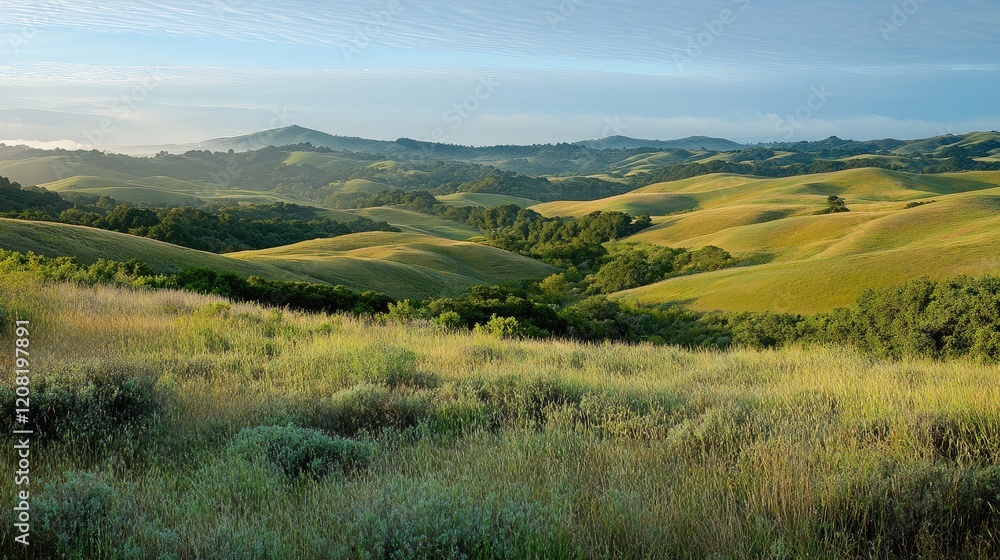 Fototapeta premium Serene Landscape of Rolling Green Hills under Blue Sky on a Bright Sunny Day