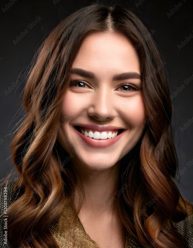 Beautiful smiling woman with long brown hair posing on dark background Beautiful smiling woman with long brown hair posing on dark background