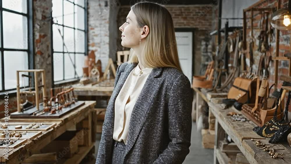 Dreamy Vision: A contemplative woman in a stylish blazer stands in a well-lit workshop, her eyes gazing out a large window, a glimpse into her creative aspirations. Dreamy Vision: A contemplative woman in a stylish blazer stands in a well-lit workshop, her eyes gazing out a large window, a glimpse into her creative aspirations.