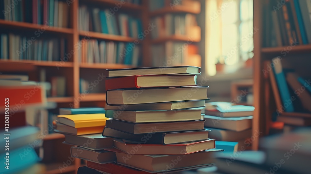 Cozy library scene with a stack of colorful books on a wooden table surrounded by shelves filled with more books and soft natural light Cozy library scene with a stack of colorful books on a wooden table surrounded by shelves filled with more books and soft natural light
