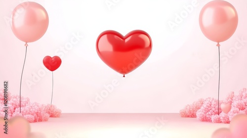 A festive scene featuring pink balloons and heart-shaped decorations set against a light background, perfect for love-themed celebrations.