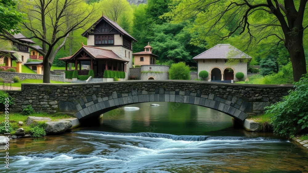An old stone bridge spans the gentle flow of a stream in front of a beautiful spring monastery with lush greenery on both sides, overgrown vegetation, stone bridge An old stone bridge spans the gentle flow of a stream in front of a beautiful spring monastery with lush greenery on both sides, overgrown vegetation, stone bridge