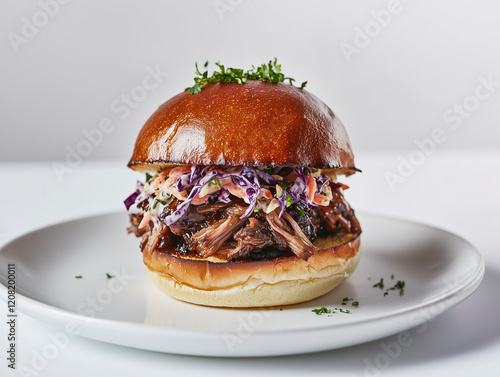 A cleanly styled pulled pork sandwich with coleslaw and brioche bun on a white background under perfect studio lighting.