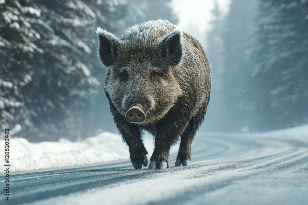 A huge wild boar walks along a mountainous road in snowy weather. The frozen ice crystals on it emit a glow. The boar is seen from the front. A huge wild boar walks along a mountainous road in snowy weather. The frozen ice crystals on it emit a glow. The boar is seen from the front.