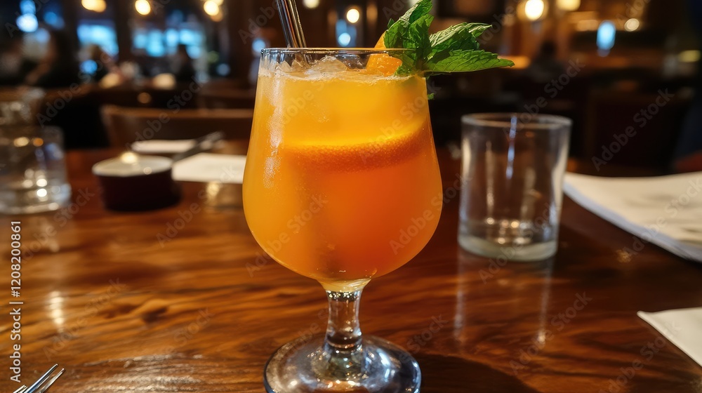 Refreshing Orange Cocktail with Rum Ginger Lemon Garnish in Elegant Glass on Wooden Table with Soft Ambient Lighting Refreshing Orange Cocktail with Rum Ginger Lemon Garnish in Elegant Glass on Wooden Table with Soft Ambient Lighting