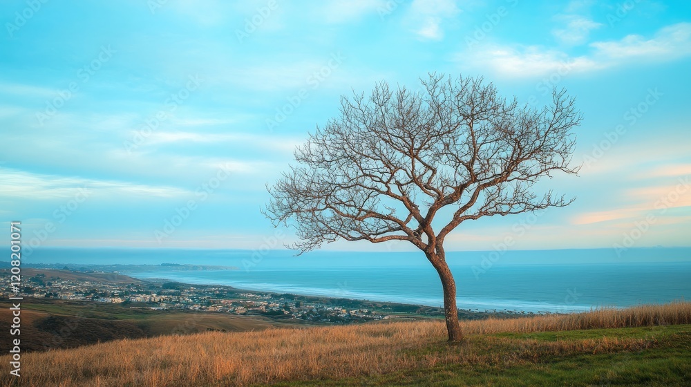 Lonely bare tree on hillside overlooking coastal town and ocean under soft blue sky with pastel clouds in tranquil Nordic landscape Lonely bare tree on hillside overlooking coastal town and ocean under soft blue sky with pastel clouds in tranquil Nordic landscape