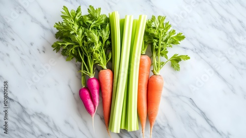 Colorful assortment of fresh vegetables arranged on a marble surface for healthy cooking photo