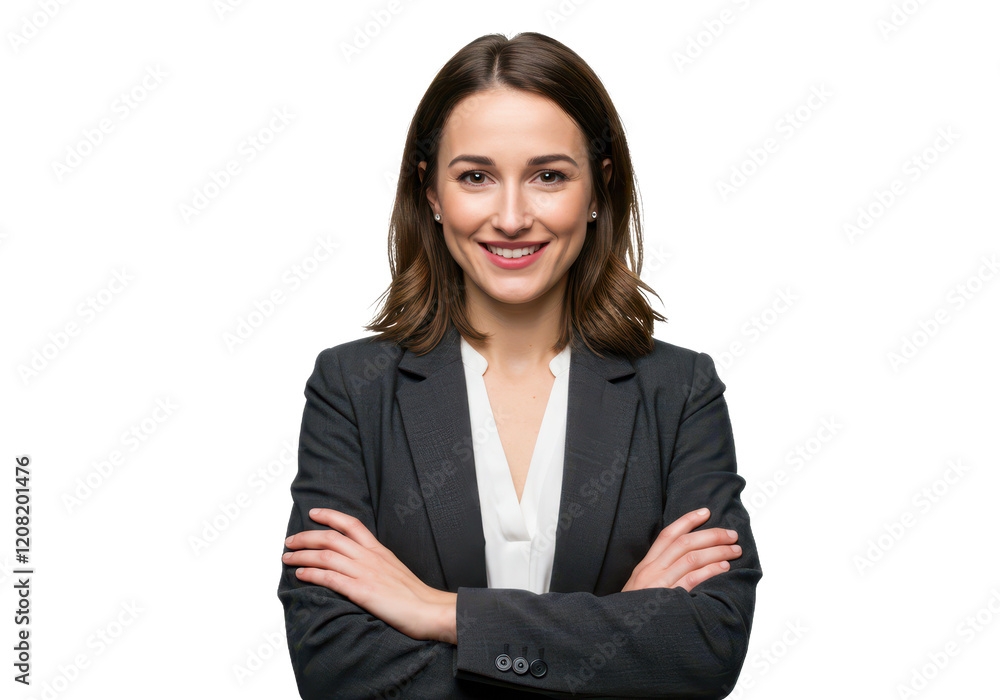 A confident woman with shoulder-length brown hair, wearing a dark gray blazer and white blouse, arms crossed isolated on transparent background A confident woman with shoulder-length brown hair, wearing a dark gray blazer and white blouse, arms crossed isolated on transparent background