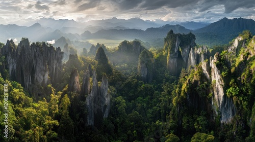 Fototapeta Naklejka Na Ścianę i Meble -  Sunrise over karst mountains, jungle valley, aerial view