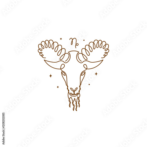 Continuous line drawing of astrological Capricorn zodiac sign. Line art symbol and icon of esoteric zodiacal horoscope. Minimalist black linear sketch isolated on white background.
