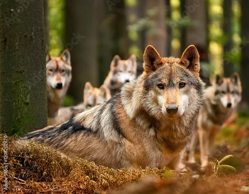 Fototapeta samoprzylepna Wataha stado wilków w lesie