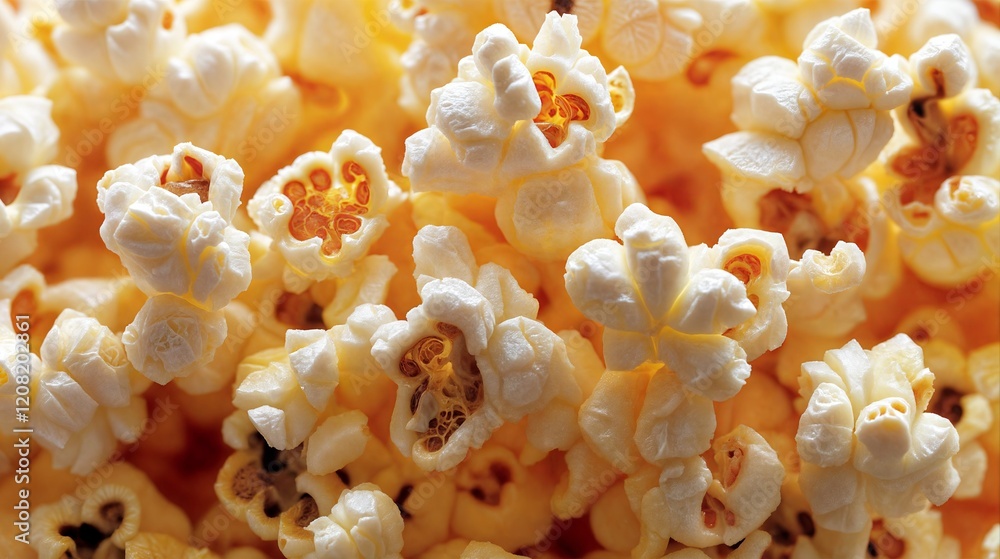 Close up of freshly popped popcorn kernels filling frame Close up of freshly popped popcorn kernels filling frame