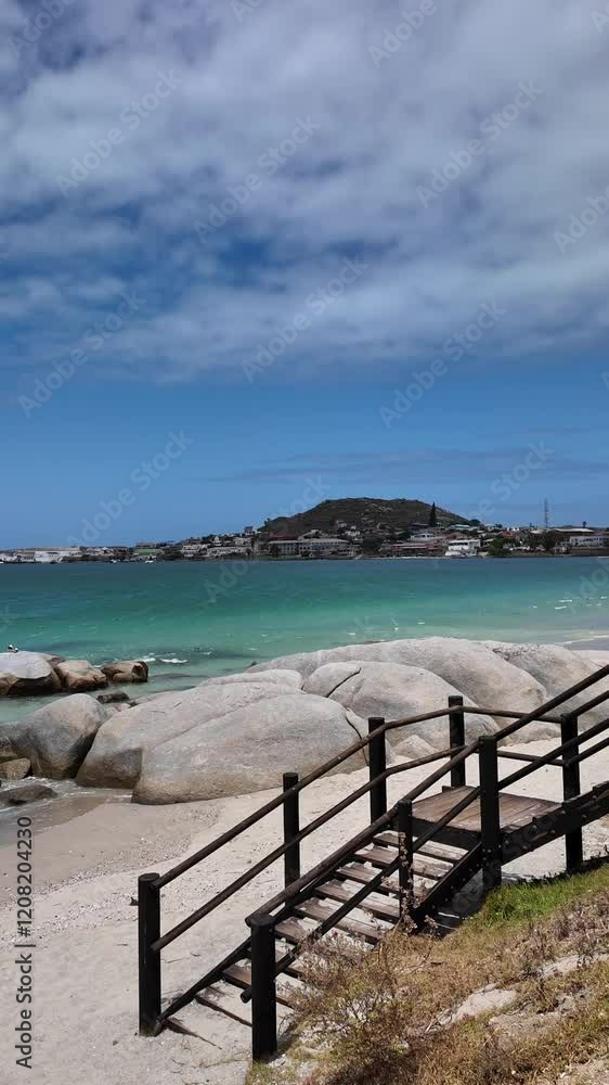 Saldanha Bay west coast South Africa. Video. Saldanha Bay seaside resort beach and wooden steps onto the sand. Saldanha Bay west coast South Africa. Video. Saldanha Bay seaside resort beach and wooden steps onto the sand.
