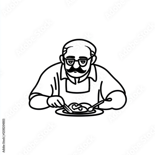 Man with mustache eats food on a plate, isolated, black lines on white, for menu, recipe
