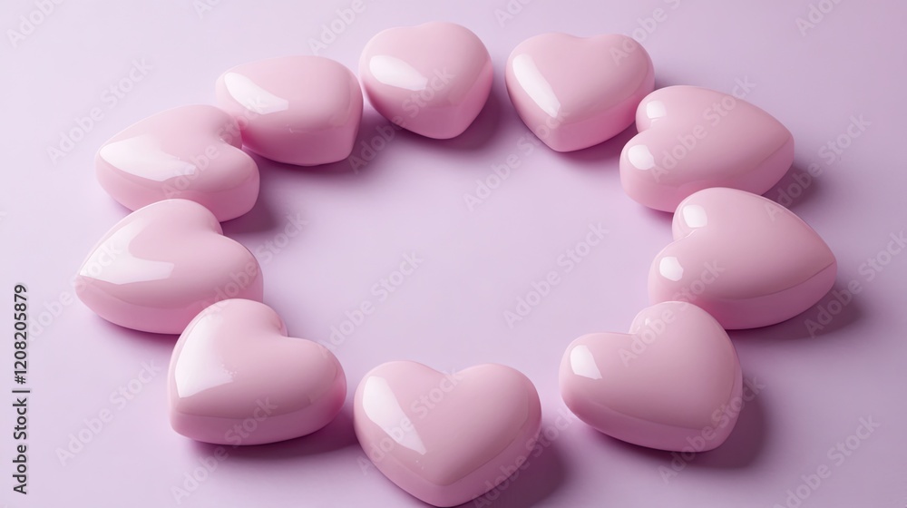 Obraz premium A group of pink hearts forming a circle on a pale lavender background, leaving space in the middle for text.