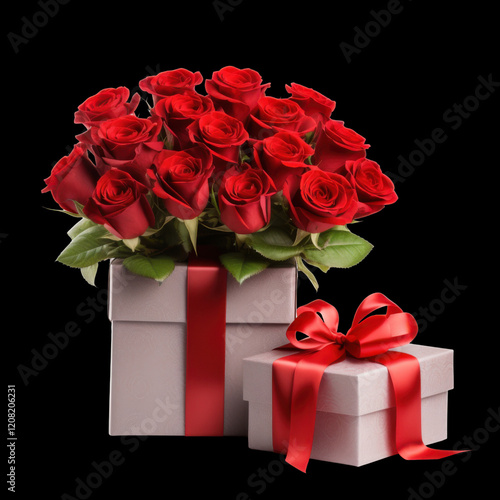 Elegant Red Rose Bouquet with Wrapped Gift Boxes and Decorative Bows - Romantic Celebration Scene with Premium Flowers and Thoughtful Presents PNG Icon on transparent background