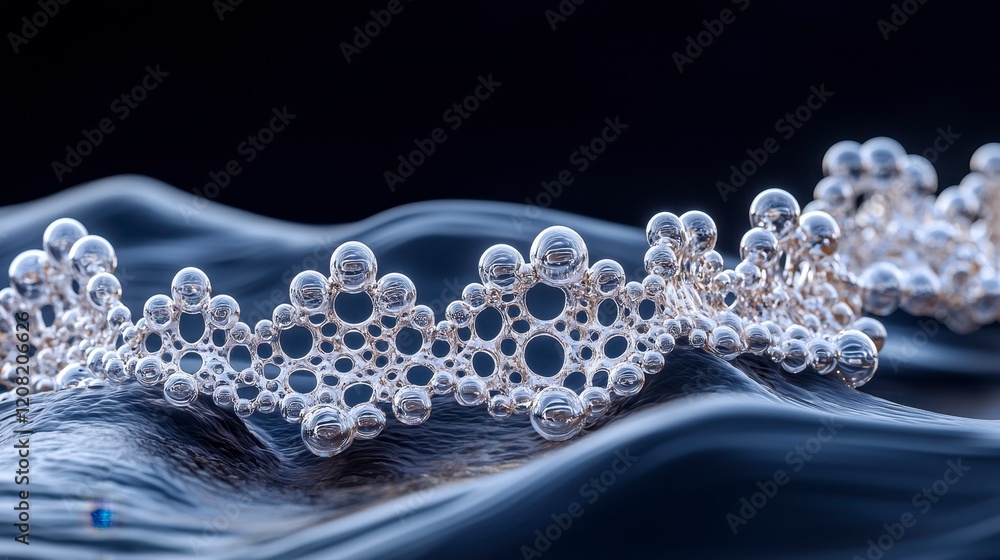 Abstract 3D rendering of a metallic structure resembling a molecular chain on a dark wavy surface. Abstract 3D rendering of a metallic structure resembling a molecular chain on a dark wavy surface.