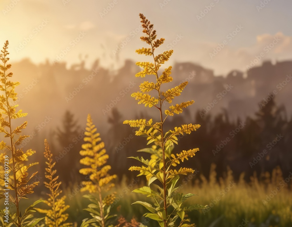 Obraz premium Brown branches of goldenrod sway gently in the breeze against the backdrop of a warm golden light , autumn, tree