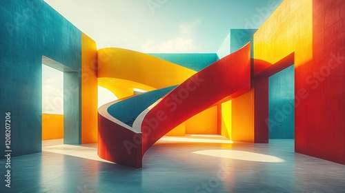 Abstract colorful architecture with a spiral staircase.