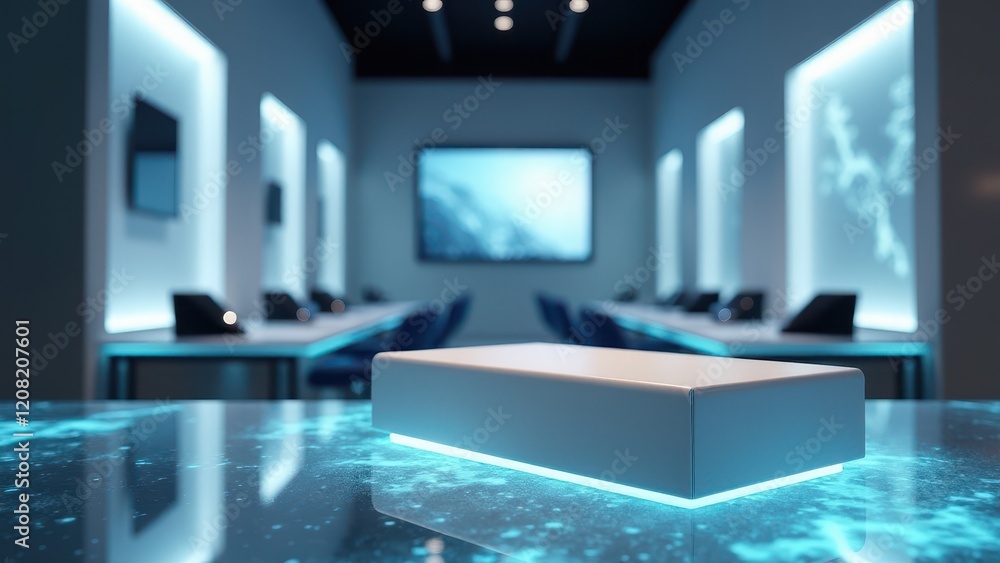 3D Retail Box Mockup, Tech store with holographic box on glass table photorealistic. 3D Retail Box Mockup, Tech store with holographic box on glass table photorealistic.
