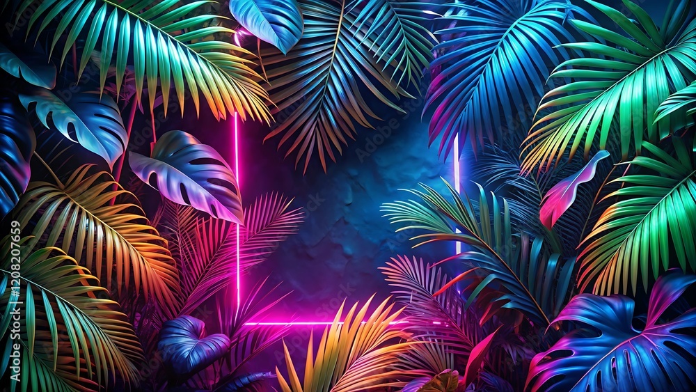 A vibrant and colorful 3D rendering of a lush tropical jungle scene bathed in neon light A vibrant and colorful 3D rendering of a lush tropical jungle scene bathed in neon light