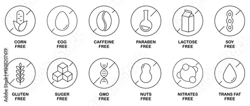 Allergen-Free Icon Set: Corn free, Egg free, Caffeine free, Paraben free, Lactose free, Soy free, Gluten free, Sugar free, GMO free, Nuts free, Nitrates free and Trans fat free.  No allergy icons set.